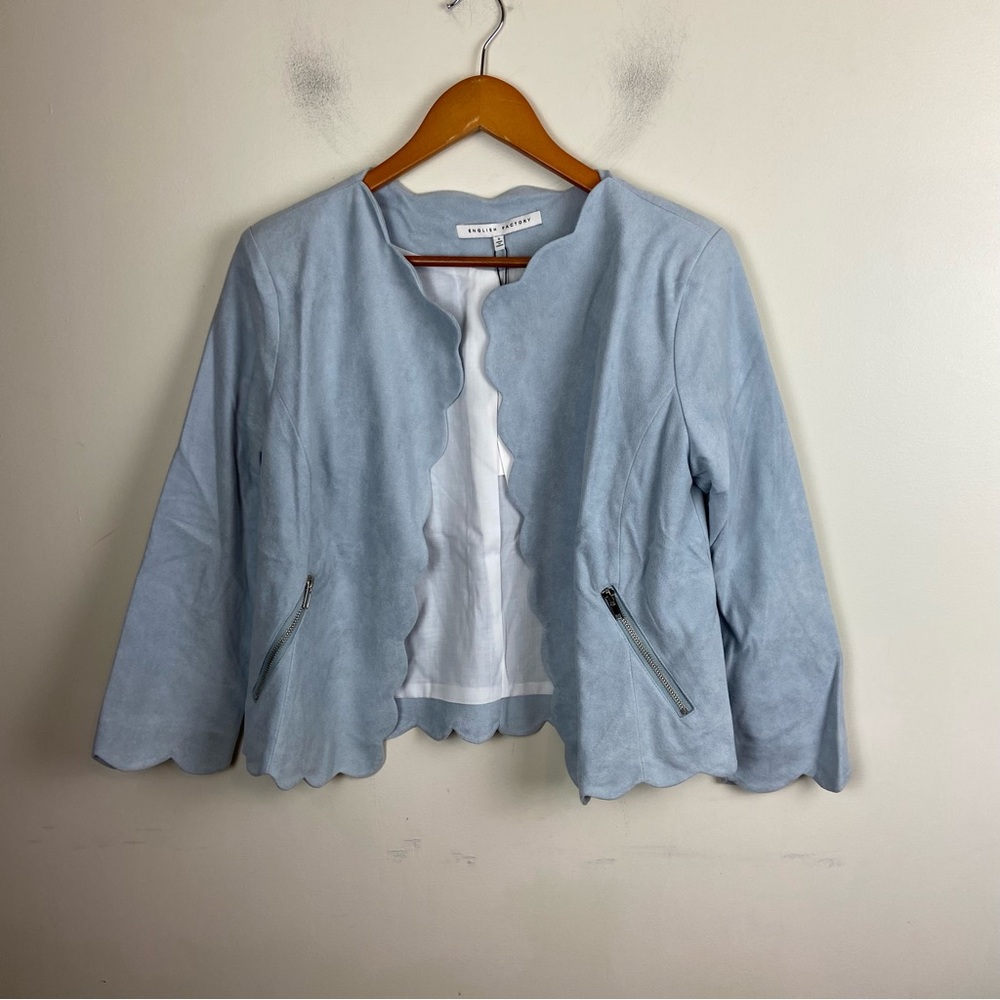 English Factory Sky Blue Scalloped Open Front 3/4 Sleeve Blazer Jacket NWT Small